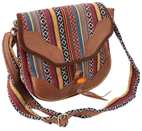 GURU SHOP Ethno Schultertasche mit Leder, große Nepaltasche, bunt/braun