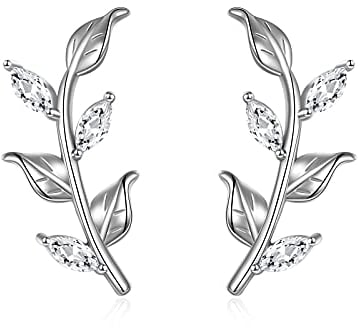 VONALA 925 Sterling Silver Leaf Stud Climber Earrings, Cubic Zirconia Jewellery for Women Girls