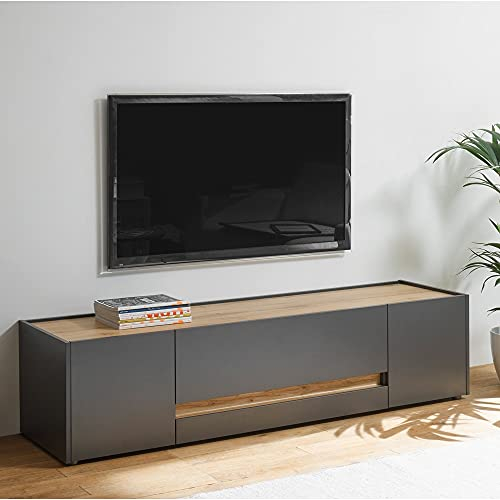 TV Lowboard modern in anthrazit mit Absetzungen in Wotan Eiche Nb., B/H/T: ca. 170/40/45 cm