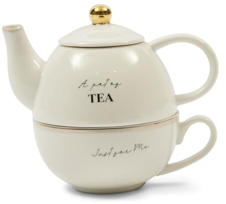 Riviera Maison teekanne Porzellan, teekanne mit Tasse Weiß, Teekanne mit Tasse für 1 Person, teetasse mit kanne - RM Elegant Tea for One - Spülmaschinenfest, geschenkenset, Weiß - 660 ml