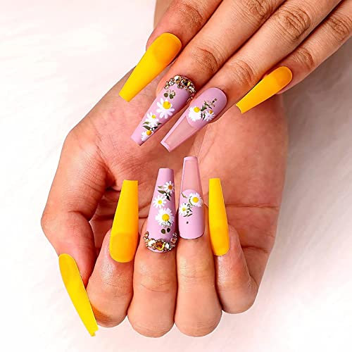 RUNRAYAY Yellow Flower French Press On False Nails, Extra Long Fake Nail with Nail Rhinestones, Nude Coffin Acrylic Full Cover Nails Tips for Women & Girls 24Pcs