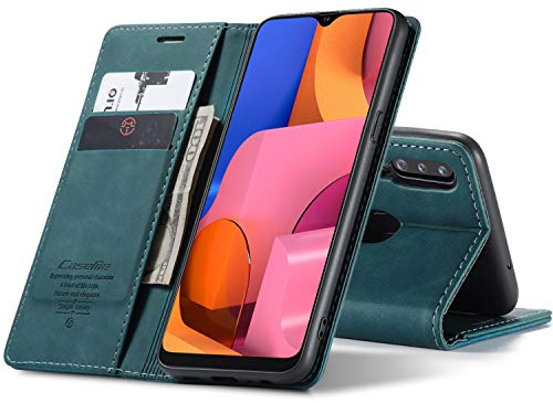 CaseMe Hülle für Samsung Galaxy A20S Vintage Dünne Handyhülle mit Kartenfach Geld Slot Ständer PU Ledertasche Flip Schutzhülle für Samsung Galaxy A20S- Blaugrün