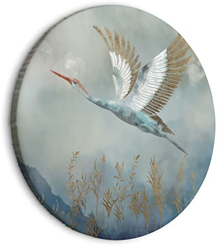 murando - runde Bilder Landschaft 40x40 cm Leinwandbild 1 tlg Kunstdruck modern Wandbilder XXL Wanddekoration Design Wand Bild Berge Pflanzen Vögel Storch blau wie gemalt g-A-10093-bc-a