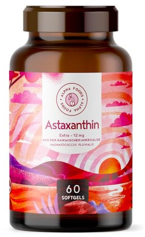 Astaxanthin 12mg Hochdosiert - 60 Depot Softgel Kapseln - Haematococcus Pluvialis - Veganes Astaxanthin mit hoher Bioverfügbarkeit - Alpha Foods