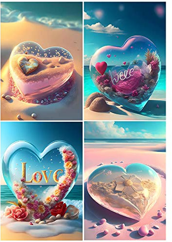 3D Ai Diamant Painting Bilder Herz Rose 4 Pack 30x40 cm Diamant Malerei Erwachsene Diamond Painting Valentinstag Diamond Painting Landschaft Strand und Meer Malen nach Zahlen für Anfänger Diamond Art