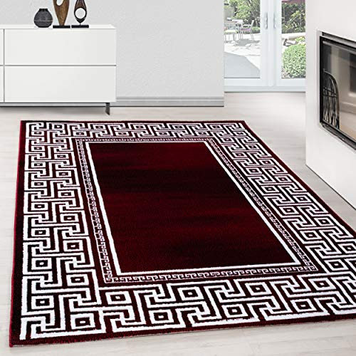 Teppium Moderner Kurzflor Teppich Wohnzimmer 250x350 (240 x 340 cm) Rot - Teppich Waschbar, Mäander-Design, Pflegeleicht und Weich - Ideal für Schlafzimmer, Esszimer und als Küchenteppich