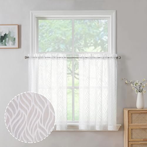 Chyhomenyc Marilyn weiße transparente Vorhänge, 91,4 cm lang, lichtfilternd, weich, luftig, 3D-Blatt-Clip, Jacquard, strukturiert, Kurze transparente Vorhänge für Schlafzimmer, Badezimmer, kleine