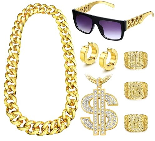 Diamday 80er 90er Hip Hop Kostüme Outfit Fake Goldkette Geldkette Rapper Punk Sonnenbrille Gold Reifen Ohrringe Chian Armbänder
