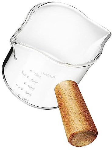 Glass Creamer Spout Espresso Coffee Shot Glass Pitcher with Wood Handle Measuring Cup Milk Cup for Barista Coffee Carafe Milk Espresso Making