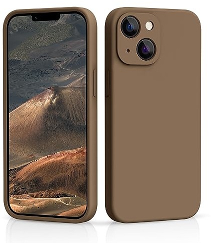 CALOOP Slim-Fit for iPhone 13 Case,Skin Soft Liquid Silicone,Sturdy Shockproof Hard Frame Cover with Anti-Scratch Microfiber Lining,Full Protection for Screen and Camera Lens, 6.1 inch(Light Brown)