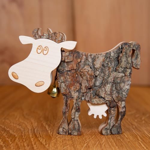 Staboos Deko Kuh Figuren 110 mm - Lotte die Kuh Deko aus nachhaltigem europäischen Holz - Einzigartige Deko in Geschenkverpackung - Süße Holzkuh