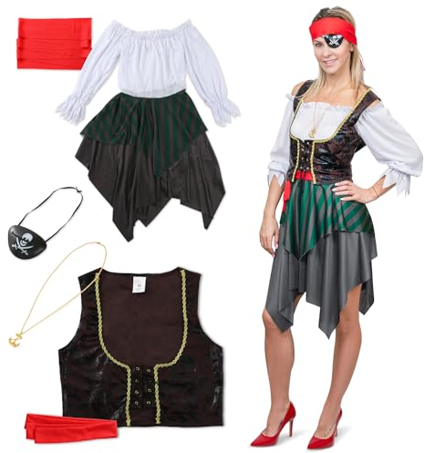 Festicy Costume Femme Pirate Set I Taille L I Tenue avec robe, gilet, cache-oeil pirate, ceinture & plus I Déguisement pirate femme, Carnaval et Halloween 2025 I Deguisement carnaval femme! Pirate