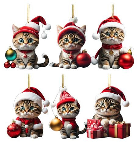 Decorazioni per l'albero di Natale Simpatico gatto appeso ornamenti per l'albero di Natale Cappello da Babbo Natale Gattino Ornamento natalizio da appendere Ornamenti per gatti 2D per albero di Natale
