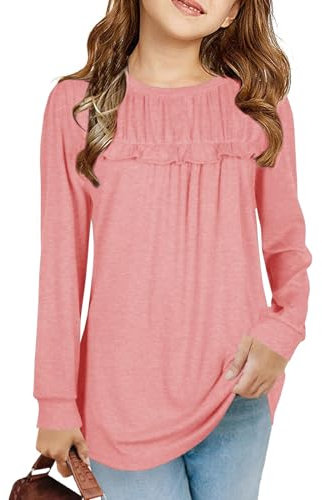 T-shirt pour fille - Tunique à volants - Manches longues - Loisirs - Doux - Pour enfants, Rose, 12-14 ans