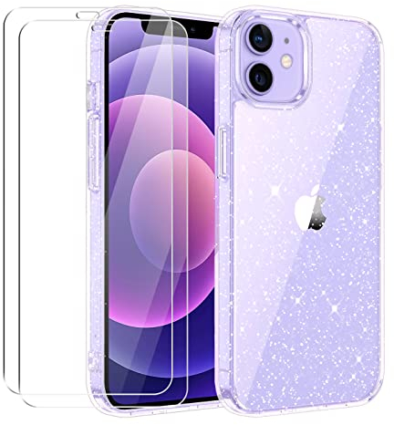 Cover Compatibile con iPhone 12 Mini Custodia Glitter, 2 Pezzi Pellicola Protettiva in Vetro Temperato, Brillantini Custodia Morbido TPU Protezione Trasparente Antiurto Case