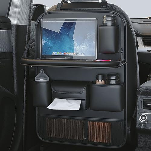 Car Backseat Organizer with Foldable Table Tray, Car Seat Back Protector with Touch Screen Phone Holder, Premium PU Leather Material,Compatible with Most Vehicles, Inner Car Accessories (Black)
