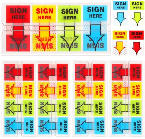 500pcs Sign Here Stickers, Arrow Labels Stickers Adhesive Sign Here Tabs Sign Post Here Flags for Documents Notebooks Home Office School Supplies (4 Colors)