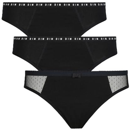 Dim Menstrual Algodón Orgánico Flujo Medio Protect X3 Ropa Interior, Negro, L (Pack de 3) para Mujer