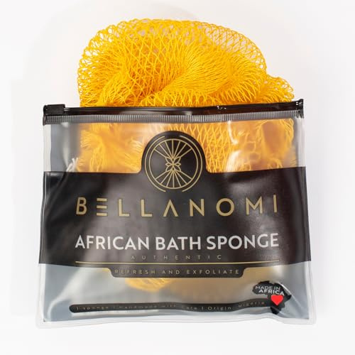 BELLANOMI African Exfoliating Mesh Sponge, Authentic, Ethically Sourced from Nigeria, 114.3 cm Long, Back Scrubber for Everyday Use, Yellow