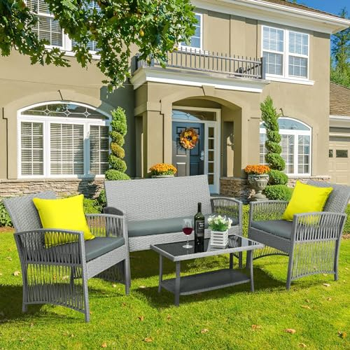 Juego de muebles de jardín de Ratán, 4 piezas, 1 x sofá doble + 2 x sillones individuales + 1 x mesa de centro + 3 x cojines para asiento, muebles de balcón, apto para terraza, exterior, gris, cómodo