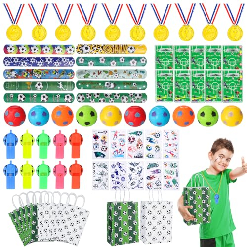 Yamitora Fußball Mitgebsel Kindergeburtstag, 70stk Fußball Mitgebsel Kindergeburtstag Party Gastgeschenk, Fußballaufkleber, Trillerpfeife, Medaille, Fußball Stressball Spinner für Kinder Jungen