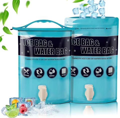 ilauke 2 Sac D'eau Pliable avec Robinet,Grand Poche de Glace 43*26cm,Packs de Glace Réutilisables Contenir Jusqu'à 5lbs Glace ou D'eau,Conteneur D'eau Réservoir Bloc Réfrigérant pour Voyages,Camping