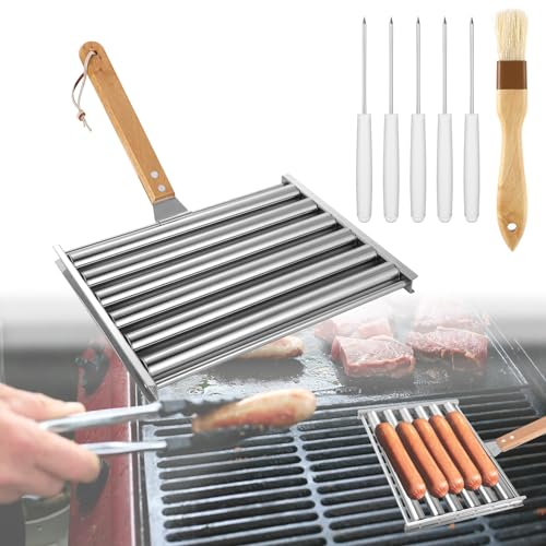 Hot Dog Roller für Grill, 24x18,5cm Edelstahl Wurst Grill Roller Wurstroller mit Grillspießbürste mit Holzgriff 5 Hot Dog Kapazität zum Gleichmäßigen Garen von Hot Dog Würstchen