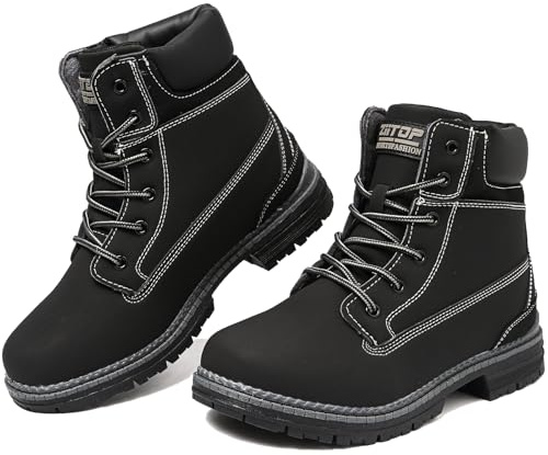 Maxome Walking Boots Womens Ankle Black Boots Ladies Waterproof Mid Calf Lace up Casual Shoes Lightweight Fashion Booties for Daily Wear