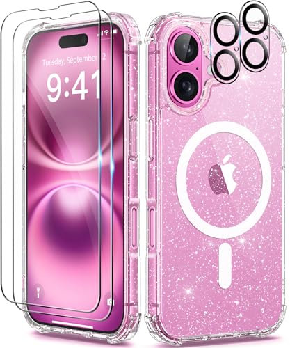 BERFY Magnetic for iPhone 16 Case, [Compatible with Magsafe], with Screen Protector + Camera Lens Protector, [Non-Yellowing] Clear Sparkly Shockproof Hard Phone Case for Women 6.1, Shiny Clear