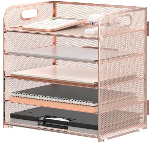 Supeasy 5 Trays Paper Organizer Letter Tray with Handle-Mesh Desk File Organizer, Paper Sorter Desk Organizer for Office, Home or School (Rose Gold)