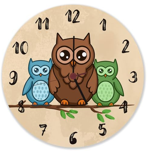 speecheese Eulen auf AST Wanduhr aus Alu Uhr für Kinder mit süßem Tiermotiv als Dekoration für das Kinderzimmer mit niedlichen Vögeln