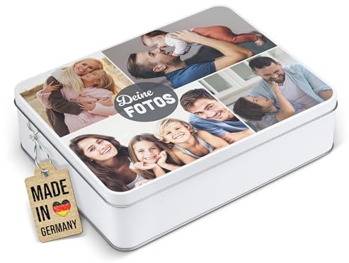 PR Print Royal Geschenkdose zum selbst gestalten mit Collage für 4 Fotos - Blechdose bedrucken, Personalisierte Keksdose - Geschenk zur Hochzeit, Geburtstag, Weihnachten | Rechteckig weiß, 2500 ml