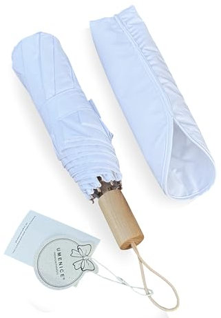 umenice Weißer Hochzeitsschirm, faltbar, wasserdicht, winddicht, goldener Schaft, Rahmen, Pongee-Stoff, Aluminiumschaft, Rahmen, Fiberglas-Rippen, Holzgriff, superleicht, kompakte Größe (weiß)