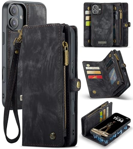 UFinetech für iPhone 16 Hülle, Flip Leder TPU Stoßfest Kartenfach Tasche Handyhülle für iPhone 16, Magnetisch Klapphülle Kratzfest Abnehmbare Reißverschluss mit Band Weiche Schutzhülle Case, Schwarz