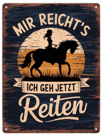 Frau auf Pferd - Mir reichts ich geh reiten Metallschild XXL in 28x38 cm rustikaler Hintergrund Silhouette kreisförmiges Design Vintage