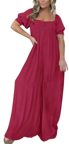 Yekdmxop Jumpsuit für Damen, elegant, lang, mit U-Ausschnitt, für Damen, mit breitem Bein, kurvig, einteilig, kurze Ärmel, hohe Taille, Zeremonie, Abendkleider, Playsuit Overall, Warmrosa, L