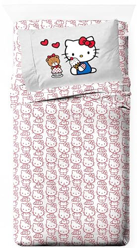 Jay Franco Bettlaken-Set mit Spannbettlaken, Bettlaken und Kissenbezug, ultraweiches Bettwäsche-Set mit Kissenbezug für Raumdekoration, Rot – Hello Kitty, 3-teiliges Doppelbett