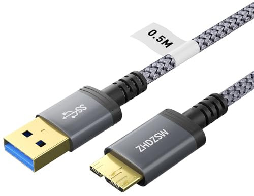 Kiuet USB3.0 Micro B Cable 0.5M, USB3.0A to Micro B 5Gbps External Hard Drive Cable Braid Compatible,WD Element, Seagate Expansion, LaCie Rugged,Galaxy S5 Note 3, Camera etc