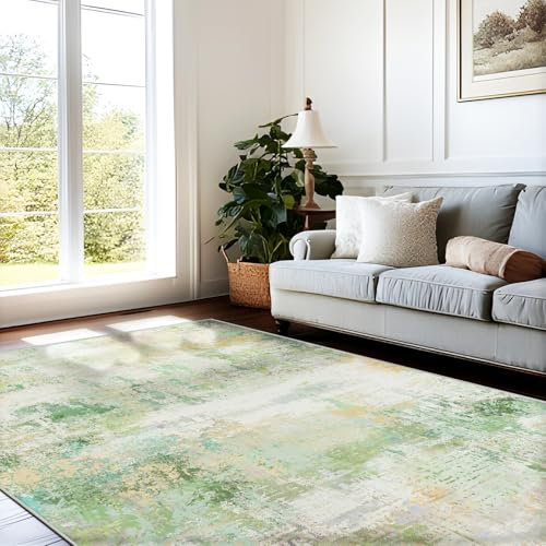 MAST DOO Teppich Wohnzimmer Waschbarer, Moderner Kurzflor Teppich Großer, Abstrakte Schlafzimmer Teppiche Waschbar rutschfest Design für Esszimmer Büro Bereich Dekor Gelblich Grün Größe 140x200cm