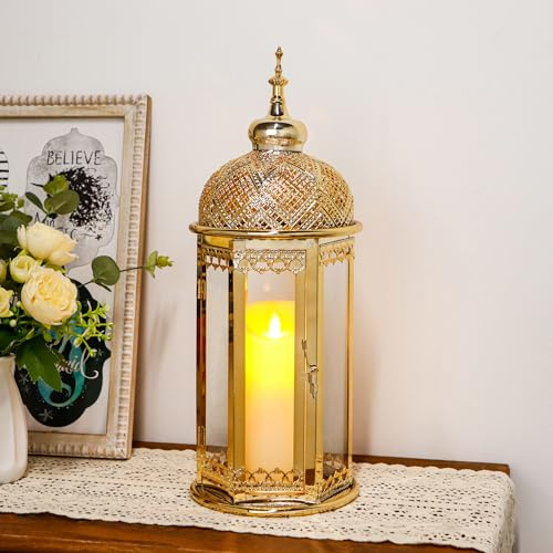 TRIROCKS Marokkanische Kerzenlaterne 37cm hoch Gold Kerzenständer mit gehärtetem Glas Dekorative Indoor Outdoor Ramadan Laterne für Wohnzimmer Garten Hof Partys (Gold)
