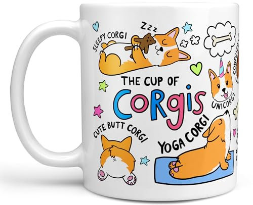 Arrow Gift Co Cute Corgi Coffee Mug, Cartoon Dog Design, White Ceramic Cup with Sleepy and Yoga Corgi Illustrations