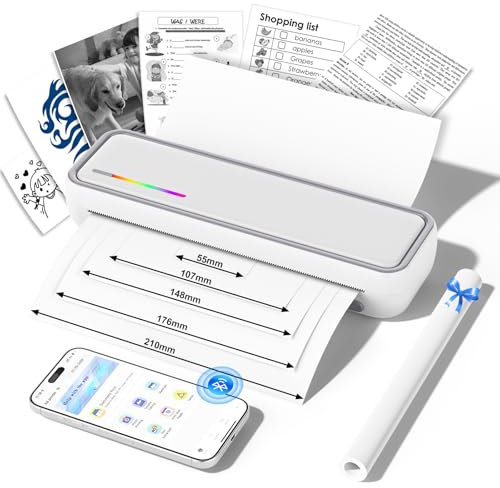 GuKKK Impresora Térmica Portátil A4, Impresora de Papel A4 Bluetooth, Impresoras Móviles Uso con Papel Térmico 210x297mm, Compatible con Teléfonos Android e iOS, para el Hogar, la Oficina