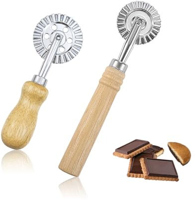 TIANLIN Teigrädchen, 2 Stück Eiche Teigrad Gewellt, 16 und 14 cm Ravioli Roller, Gewellt Nudelschneiderrad mit Holzgriff, 5 und 3,9 cm Scheibe, für Küchen, Konditoreien