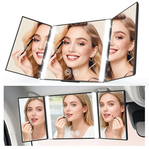 Auto Kosmetikspiegel mit 3 Lichtmodi, wiederaufladbarer LED-Make-up-Spiegel, dimmbare Touch-Steuerung und faltbares Design für Auto, Zuhause, Reisen, passt SUV, LKW, die meisten
