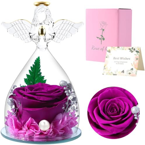 Ewige Rose Engel, Geschenke für Frauen, Konservierte Rote Echte Rose, Glasengel, Einzigartige Geschenke, Geburtstagsgeschenk für Frauen, Mutter, Schwester, Freundin, Ehefrau (Lila)
