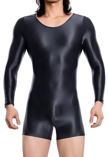 FEOYA Herren Leotard Bodysuit Wetlook Jumpsuit Öl Glänzend Playsuit Einteiler Body Transparent Dessous Nachtclub Schwarz XL