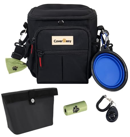 Dog Treat Pouch Open Top for Quick & Spill-Proof Access, Removable Pouch|Poop Bag Dispenser|3 Ways to Wear, Dog Treat Bag - Collapsible Bowl, Training Clicker & Poop Bag for Training & Walking-Black.