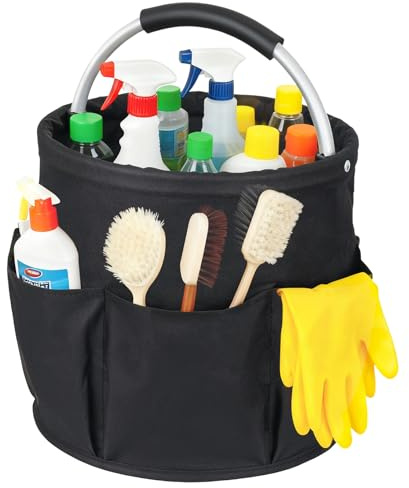 BAOWUABJ Foldable Cleaning Caddy with Handle 17L Cleaning Bag, Black | Cleaning Products Organiser, Multi Pocket Cleaning Caddy Bag for Home, Kitchen, Bathroom, Office, Easy to Clean and Carry