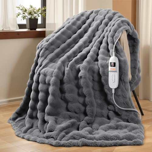PKBD Electric Throw Blanket,190x130CM Large Size Faux Rabbit Fur Heated Blanket,9 Heating Settings and Up to 9H Auto Off Timer, Suitable for Home and Office, LED Display,Machine Washable, Grey
