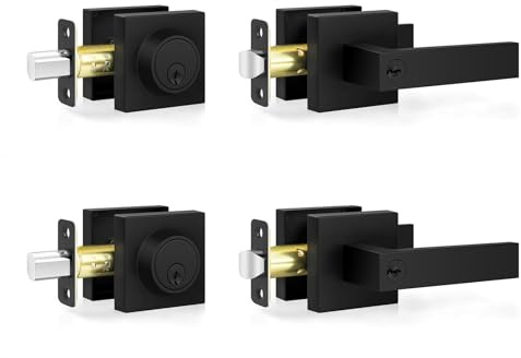 Estmoon Front Door Lock Set Exterior Door Handle, Matte Black Door Locks for Front Door Heavy Duty Black Door Handle and Single Cylinder Deadbolt Lock, Garage Door Lock for Entrance,2 Pack